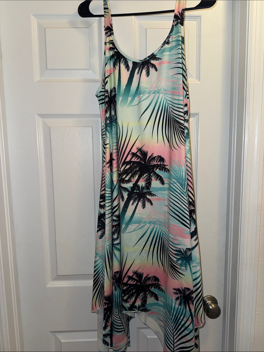 Hollister Pastel Palm-Print Asymmetrical Dress in Mint, Pink, Cream